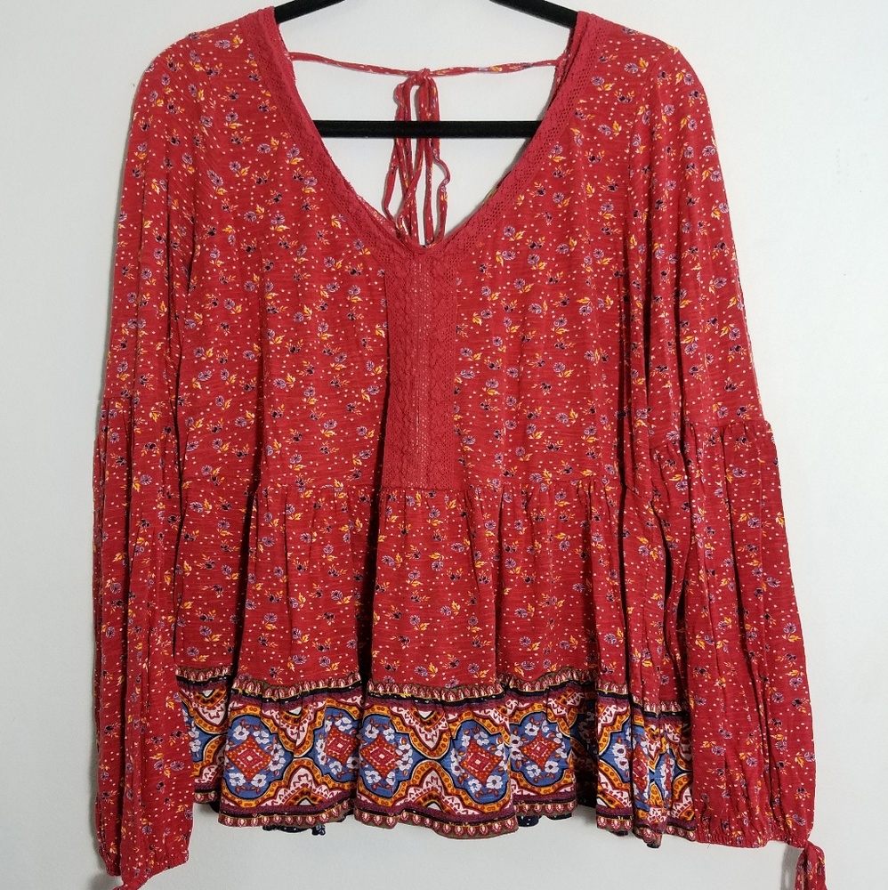 Boho True Craft red floral peplum tie back top, 2X